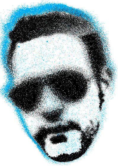 Graffiti style image of Dan Robert's head bobbing left to right. Bassist from Hot Fat