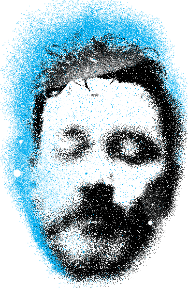 Graffiti style image of Dan Darby's head bobbing left to right. Drummer from Hot Fat